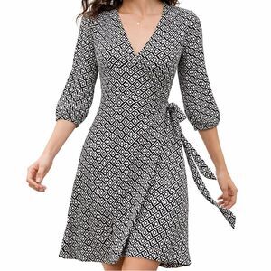 Black & White Wrap Geometrical Dress 3/4 Sleeve Tie Waist Work Office Chic XS